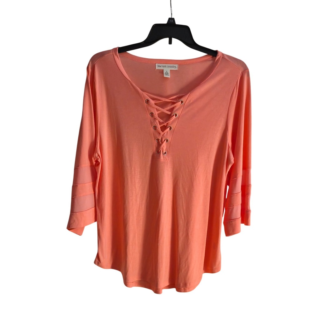 New York Laundry Lace Up Top Womens 1X Coral Mesh Sleeve Casual V-Neck Tee